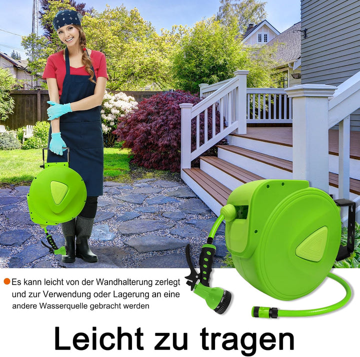 Wand-Schlauchbox 30m – Gartenschlauch Aufroller mit 9 Sprühfunktionen, Wandhalterung 180° drehbar, P