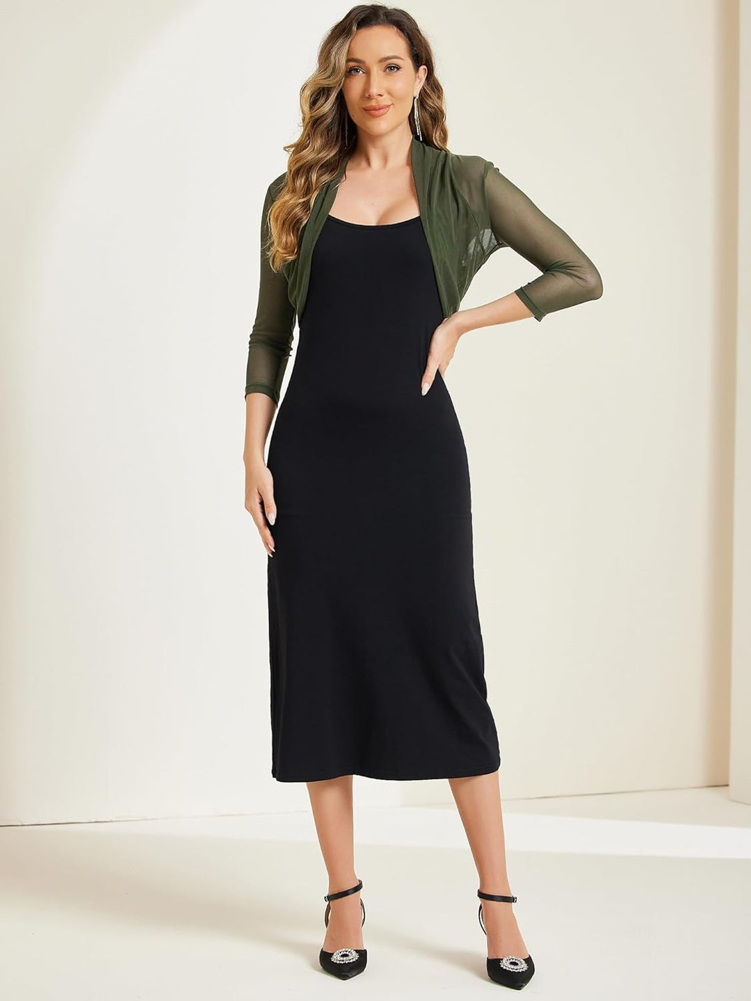 Allegra K Damen Bolero Festlich 3/4 Ärmel Rüschen Mesh Durchsichtig Crop Strickjacke Shrug Boleros M