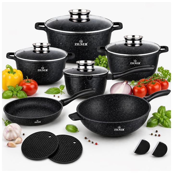 Topfset Induktion 14-teilig – Marmorbeschichtung Töpfe & Pfannen Set mit Glasdeckel, Kochtopf Set fü