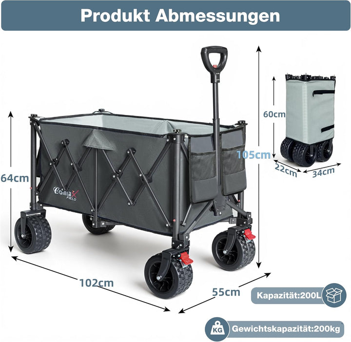COMLAX FIELD Bollerwagen Faltbar 200L 200KG, Faltbarer Bollerwagen mit Breiten Rädern, Strandwagen K