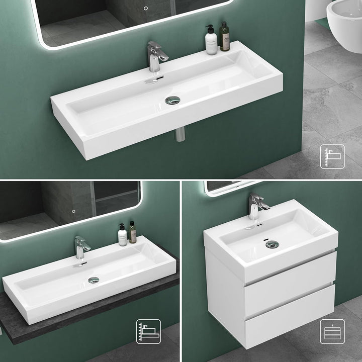 Mai &amp; Mai Breite: 60cm Waschbecken Aufsatz-Waschschale Hänge-Becken Mineralguss in weiss 1 Armaturen