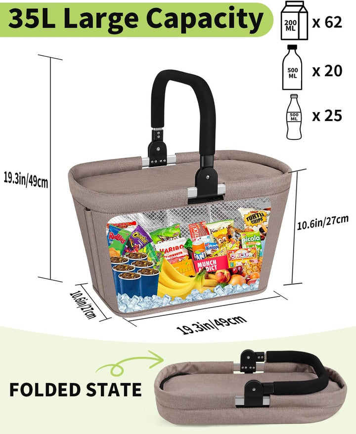 35L Kühltasche Einkaufskorb Faltbar mit 2 Stützstangen, Grosse Isolierte Kühlkorb mit Aluminium Grif
