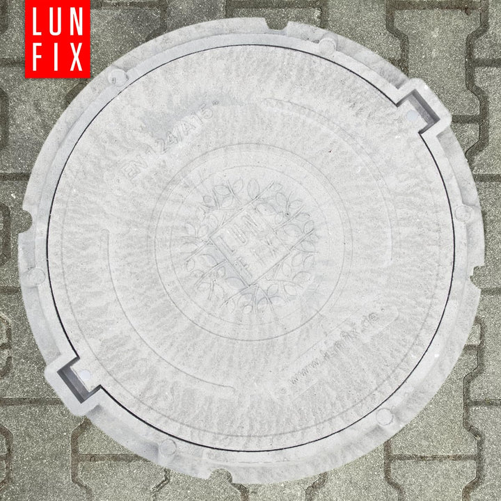 Lun Fix Schachtabdeckung mit Flanschrahmen DN 600 mm A15, HELLGRAU Schachtdeckel mit Manipulationssc