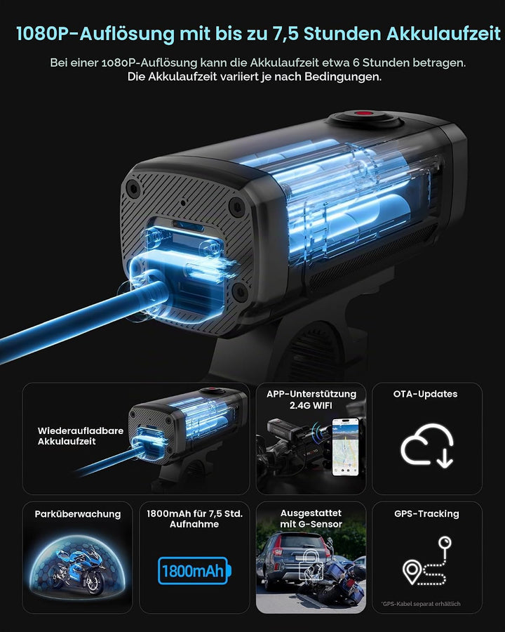 AKEEYO AKY-710Lite Motorradkamera/Fahrradkamera 2K30FPS WiFi-Actionkamera mit Ultra HD, IP66 Wasserd