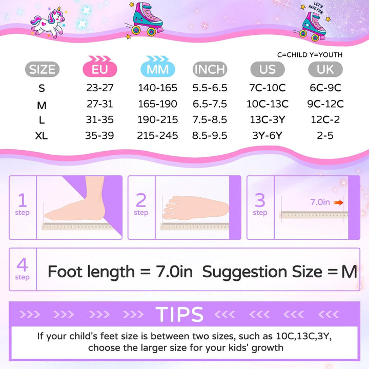 Runcinds Kinder Rollschuhe für Mädchen, Frauen, 4 Grössen verstellbar mit leuchtenden Rädern, Kleink