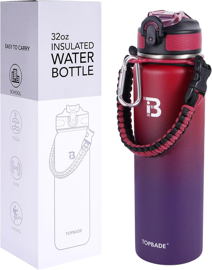 TOPBADE Edelstahl Trinkflasche Sport mit Strohhalm Deckel & Chug Deckel 1L, BPA-Frei Isolierte Wasse