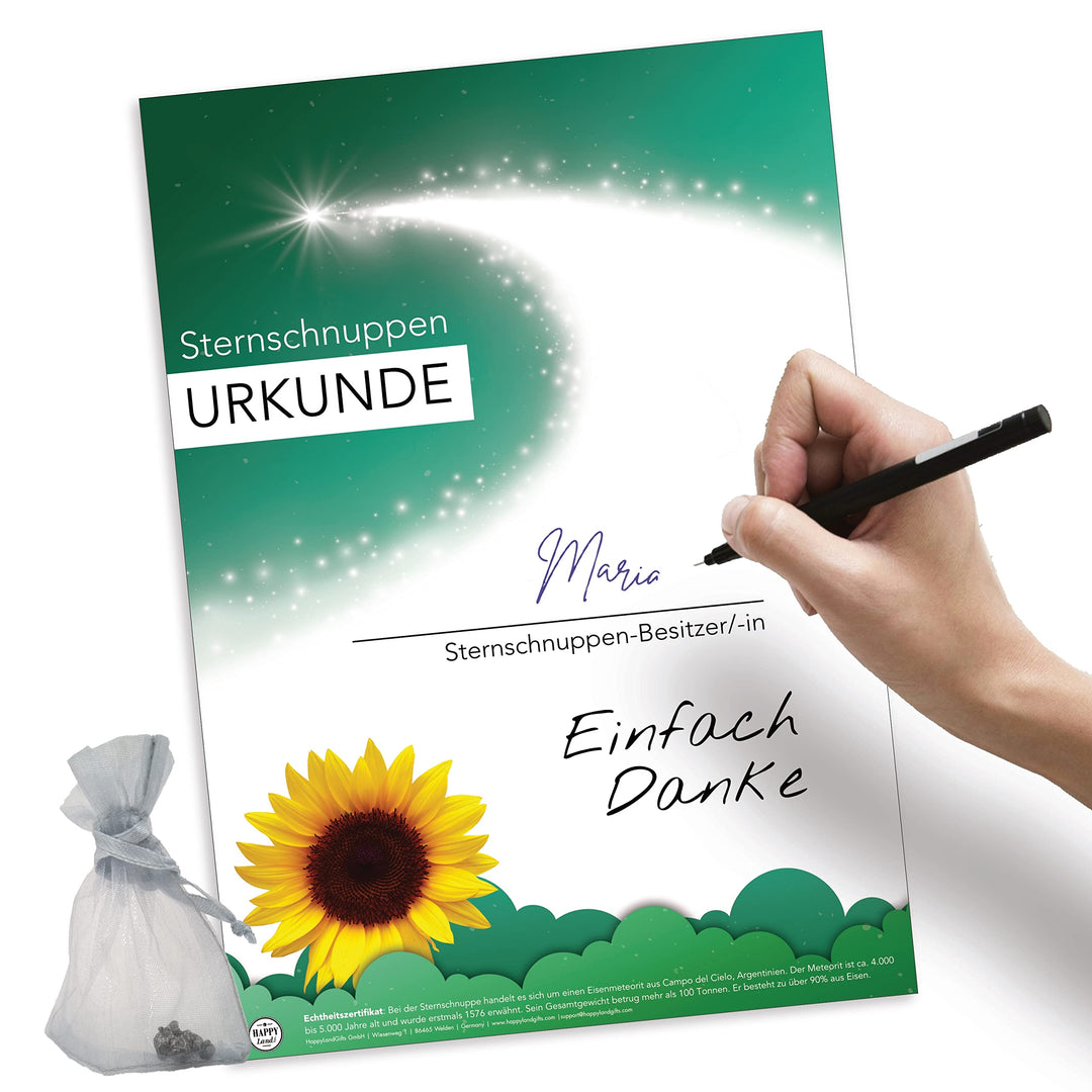 happylandgifts® Echte Sternschnuppe zum Danke Sagen | Echter Meteorit | Hochwertige Urkunde mit Wuns