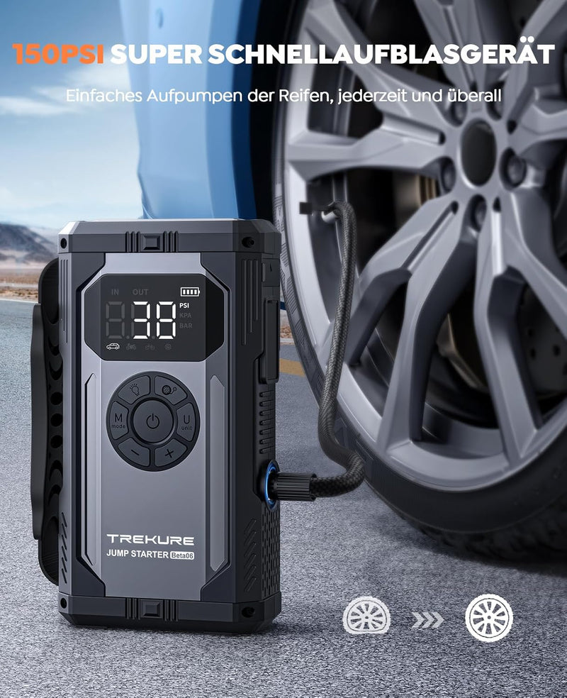 TREKURE Auto Starthilfe Powerbank mit Luftkompressor, 150PSI 4000A Spitzenstrom Starthilfe Powerbank