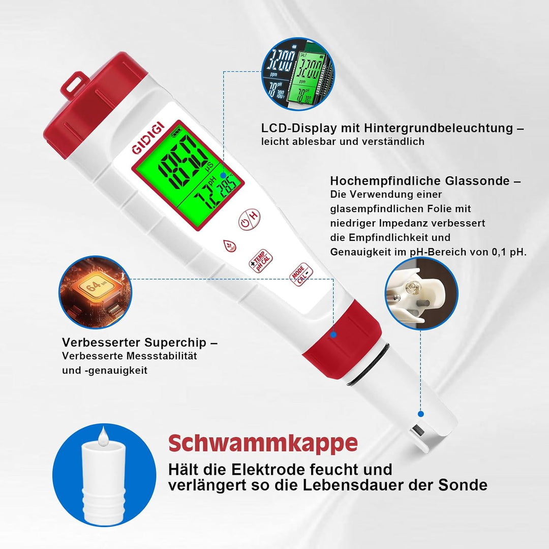 Digitales pH Messgerät für Wasser, TDS Tester für Trinkwasser, 4-in-1 pH TDS und EC Messgerät für Hy