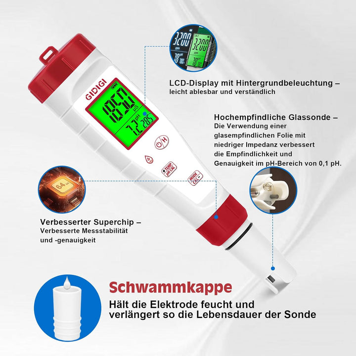 Digitales pH Messgerät für Wasser, TDS Tester für Trinkwasser, 4-in-1 pH TDS und EC Messgerät für Hy
