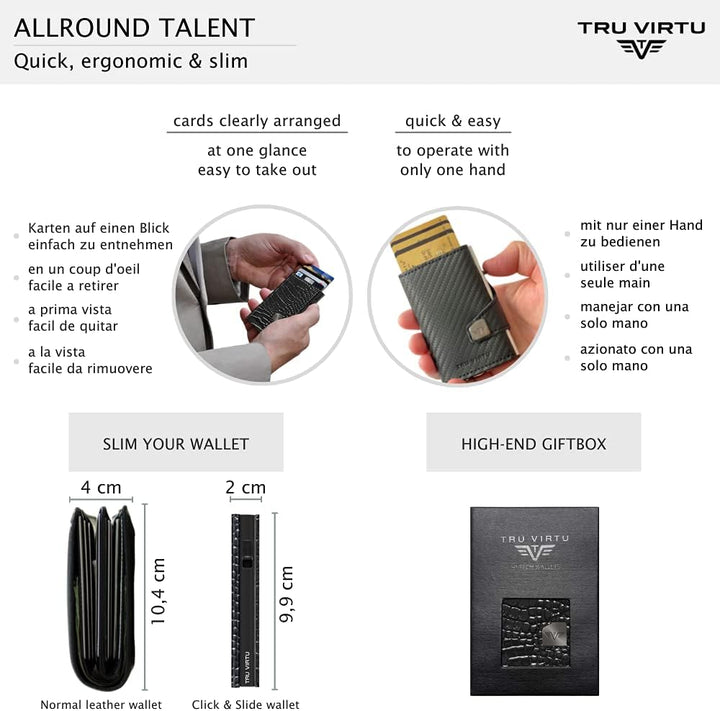 TRU VIRTU® Wallet Click & Slide Strap Edition Croco Black/Black, Croco Black/Black