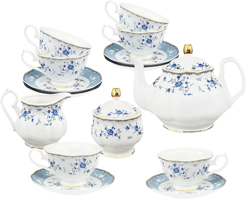 fanquare 21 Stück Porzellan Teeservice, Blau Blumen Tee Set, Englische Kaffeeservice Set mit Teekann
