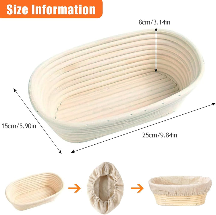 2 Stück Oval Gärkörbchen Set mit Leinenstoff Einlage, 25 x 15 x 8cm Brotbacken Gärkorb, Natürlichem