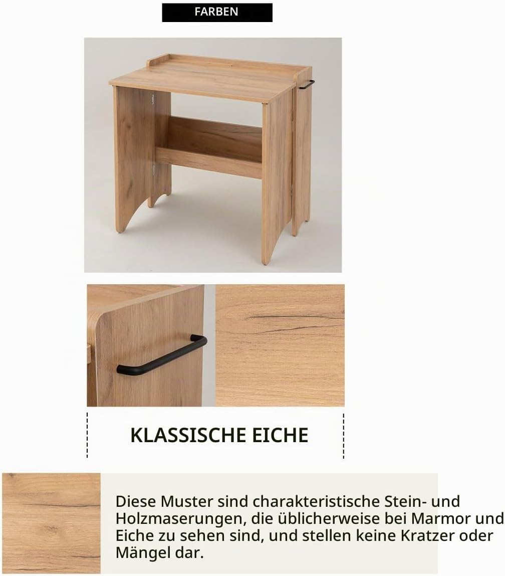 EMOOR Klappschreibtisch TATAMU Holzpaneelen (Eiche), Platzsparender Rechteckiger Tisch Ohne Montage