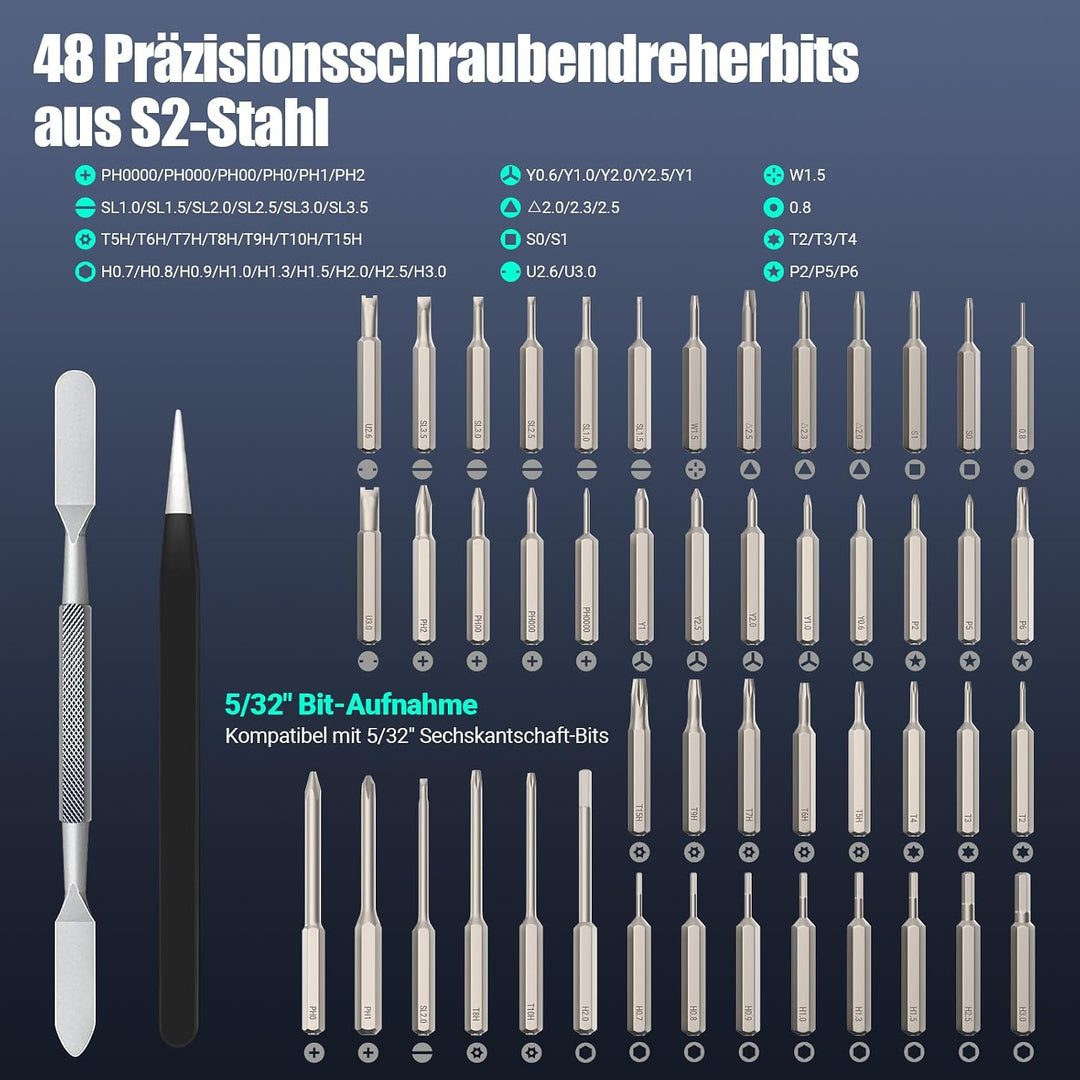 Elektrischer Präzisionsschraubendreher, Schraubendreher Set mit 48 S2 Bits | 48 S2-Bits · 4 Drehmome