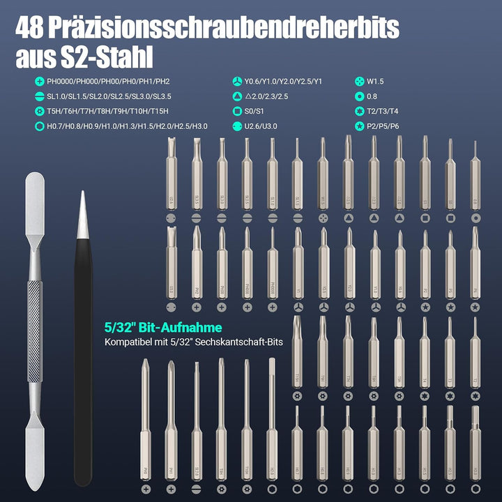 Elektrischer Präzisionsschraubendreher, Schraubendreher Set mit 48 S2 Bits | 48 S2-Bits · 4 Drehmome