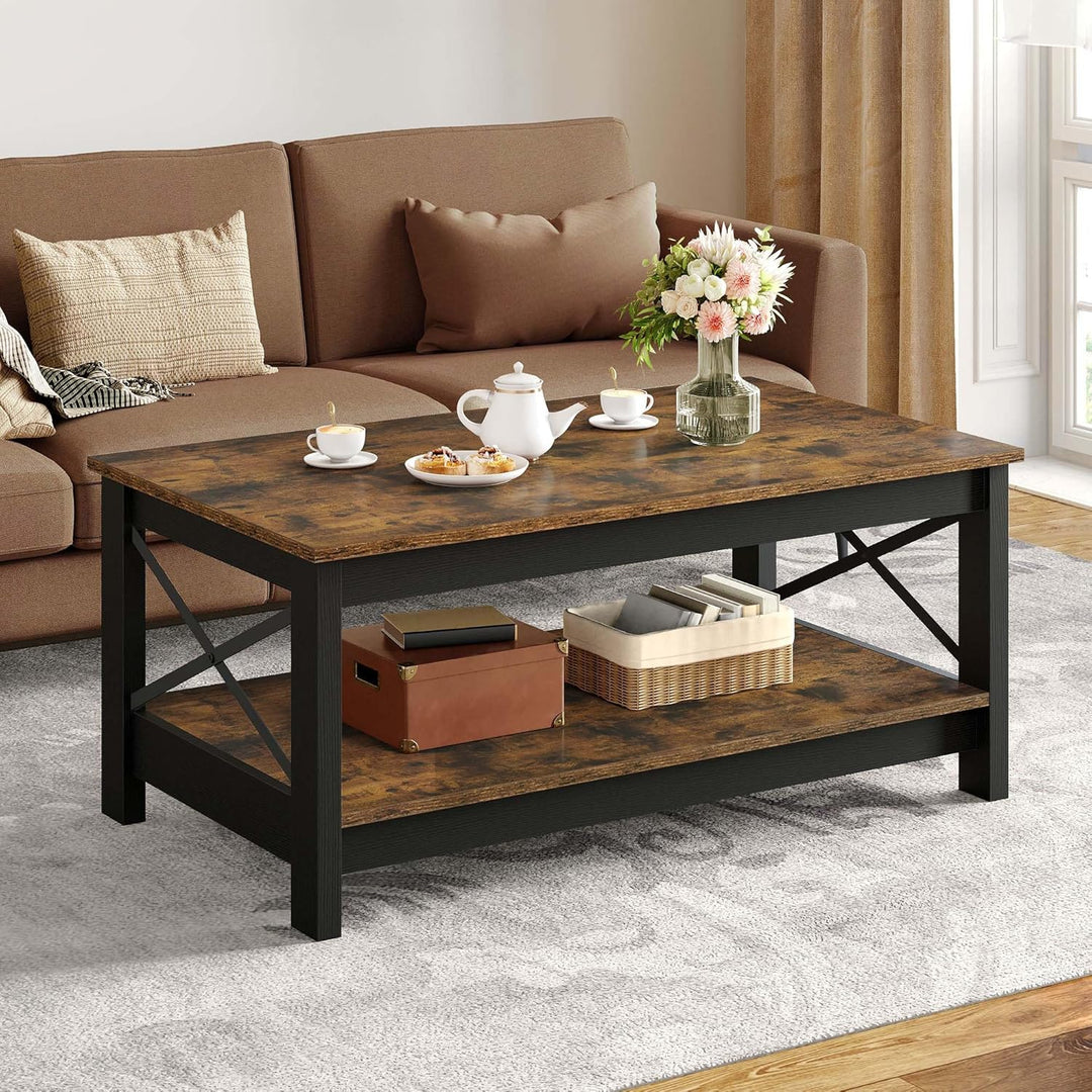 YITAHOME Couchtisch, Wohnzimmertisch, 2-stöckiger Dicker Holz Rechteckiger Couchtisch, X-Form Metal
