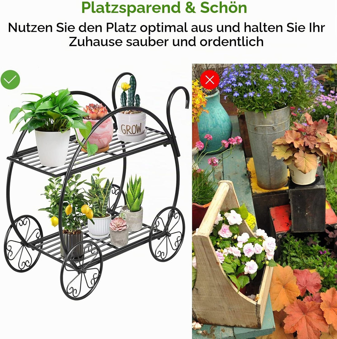 KOMFOTTEU Blumenständer Metall, Pflanzwagen Blumenwagen mit 4 Räder, Pflanzenständer mit 2 Griffe, B