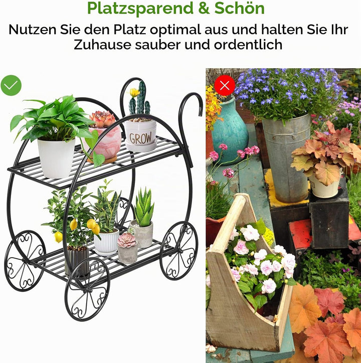 KOMFOTTEU Blumenständer Metall, Pflanzwagen Blumenwagen mit 4 Räder, Pflanzenständer mit 2 Griffe, B