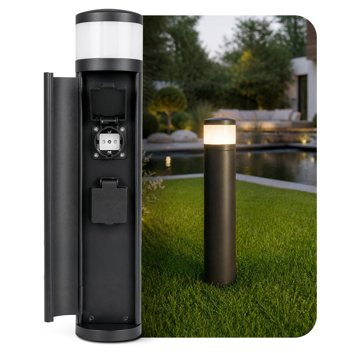 SSC-LUXon PALISO Design Lichtsäule Garten mit 2x Steckdosen für Aussen - Aussenstehlampe Pollerleuch