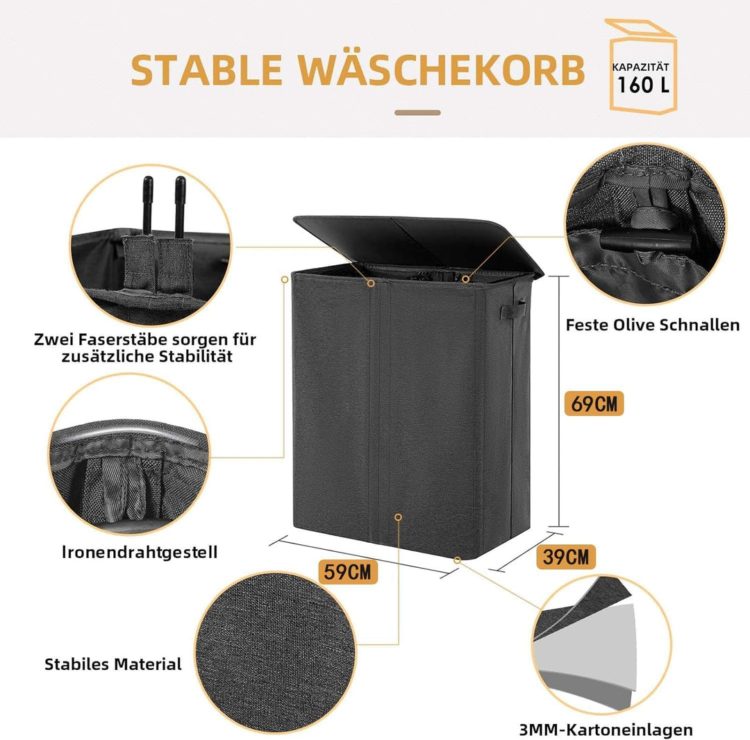 Wäschekorb Mit Deckel, 160L Extra Grosse Wäschekorb 3 Fächer Schmutzige Kleidung Hampers Für Wäsche