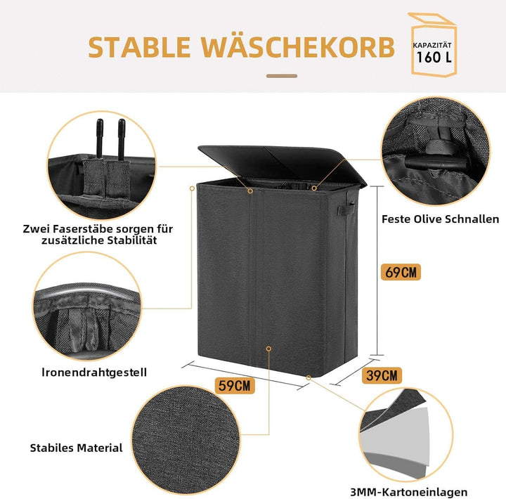 Wäschekorb Mit Deckel, 160L Extra Grosse Wäschekorb 3 Fächer Schmutzige Kleidung Hampers Für Wäsche