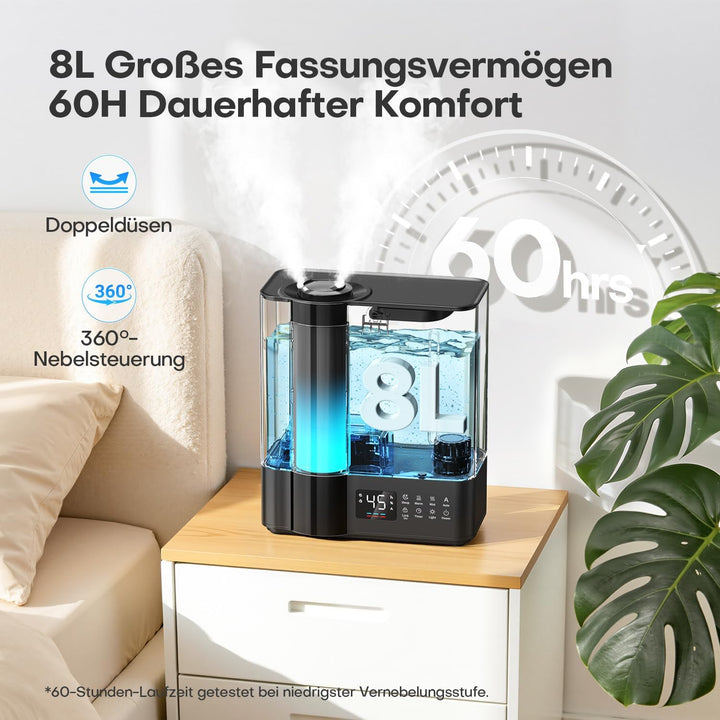 AROEVE 8L Luftbefeuchter Schlafzimmer, Warm- & Kaltnebel Luftbefeuchter für grosse Räume, Befüllung