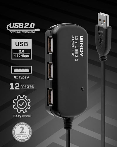 LINDY USB 2.0 Aktiv-Verlängerungs-Hub Pro - Kabel, 42783, Schwarz