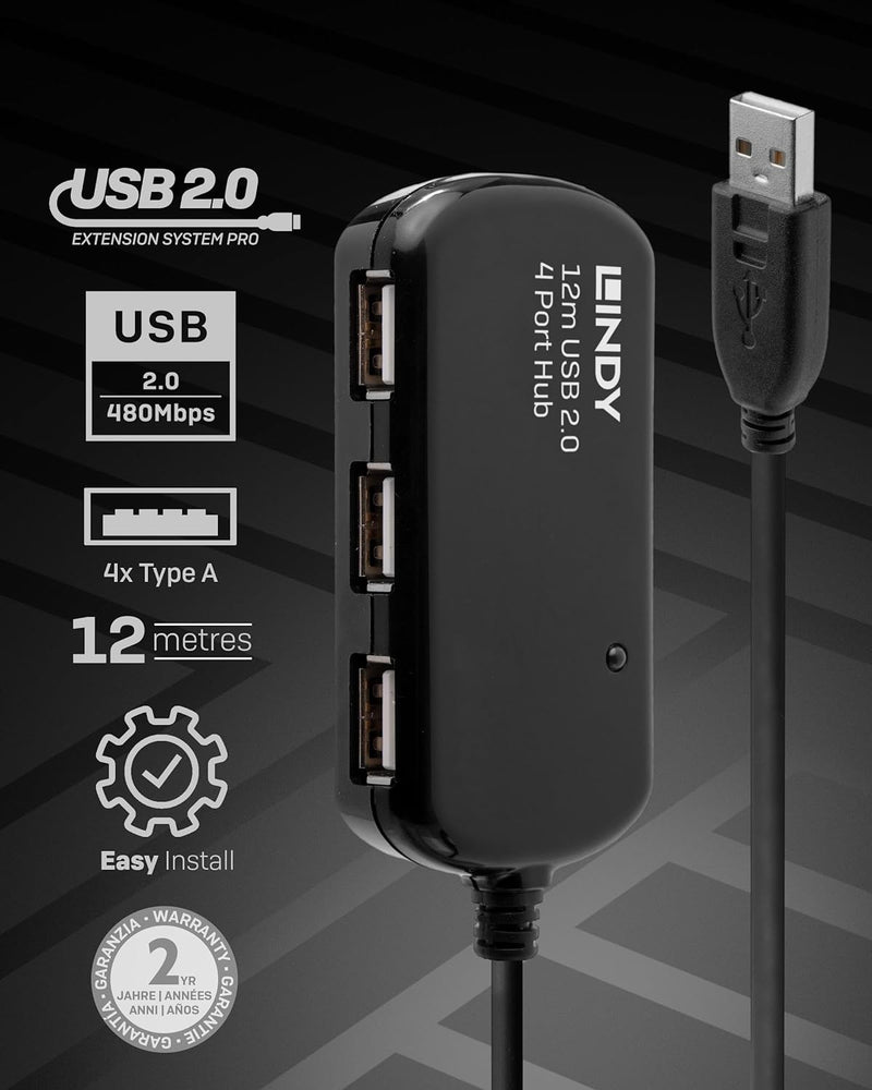 LINDY USB 2.0 Aktiv-Verlängerungs-Hub Pro - Kabel, 42783, Schwarz