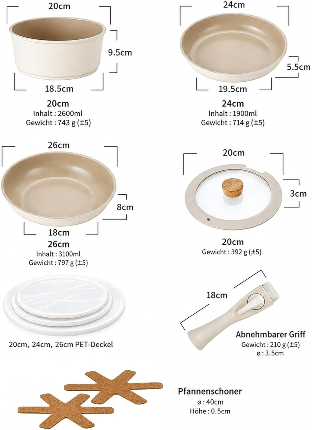 NEOFLAM® Pfannenset Topfset Induktion, abnehmbarer Griff 8-teilig, Antihaft-Keramik-Kochgeschirr-Set