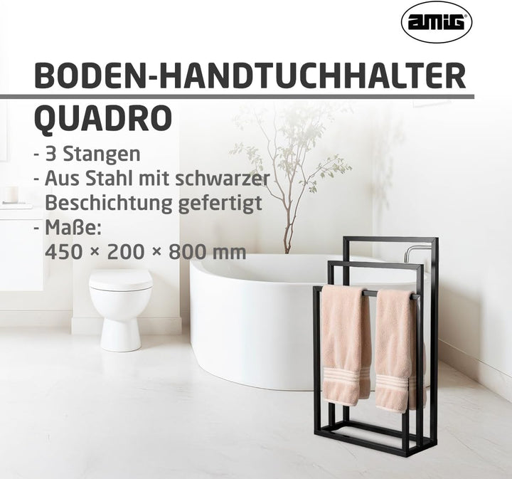 Amig - Matt schwarzer freistehender Handtuchhalter mit 3 Metallstangen - Bodenständer für Badetücher
