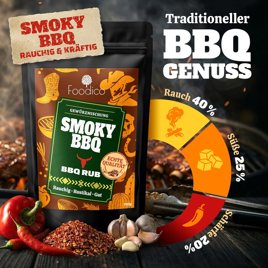Foodico Smoky BBQ Rub 750g | Traditionell Herzhafte Gewürzmischung | Rauchig & Rustikal | Profi BBQ-