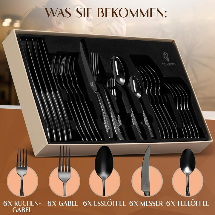 Glavory Aurora - Besteck Set Schwarz gestanzt - Besteck für 6 Personen 30teilig - rostfreier 18/8 Ed