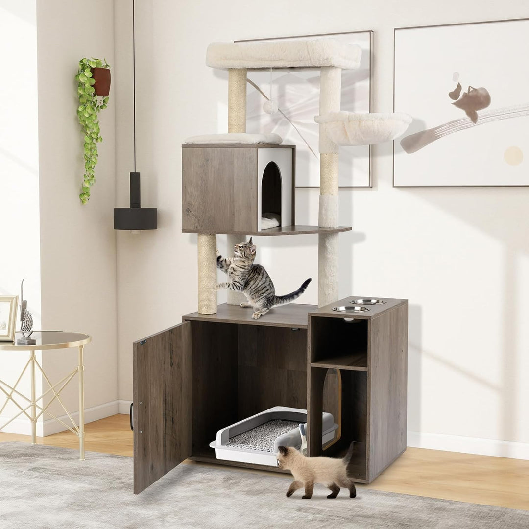 COSTWAY Kratzbaum mit Katzenklo Schrank, Katzenschrank für Katzentoilette, Katzenkratzbaum mit Sisal
