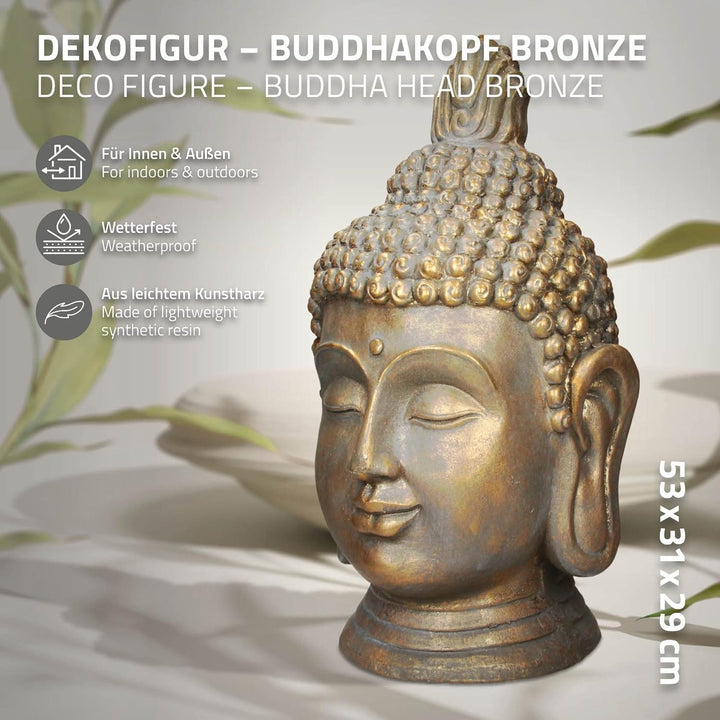 ECD Germany Buddha Figur Kopf Statue 53 cm, Polyresin, Bronzeoptik, für Yoga, Feng Shui oder Meditat