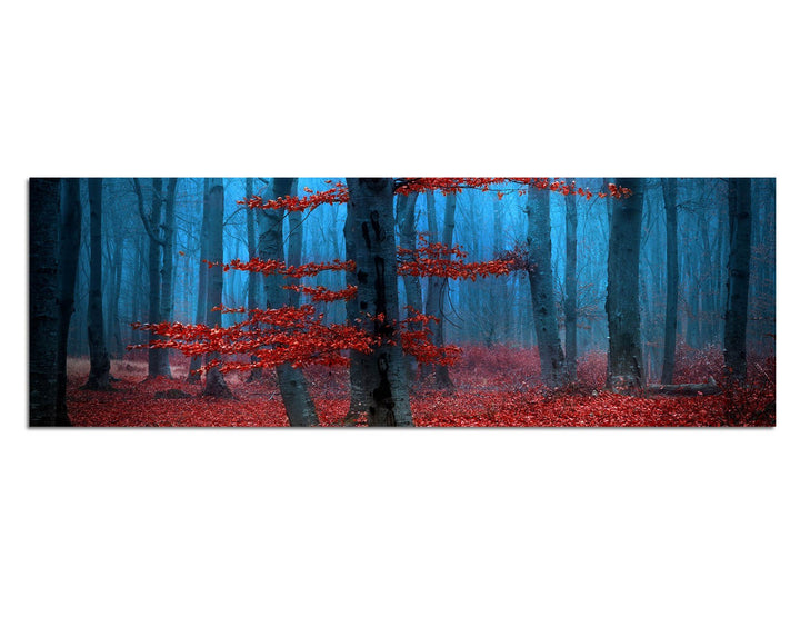 Paul Sinus Art Panoramabild auf Leinwand und Keilrahmen 150x50cm Wald Bäume Laub Herbst Nebel