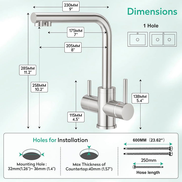 CREA 3 Wege Wasserhahn Küche, 360° Drehbar Küchenarmatur, 3 in 1 Mischbatterie für Wasserfilter, Tri