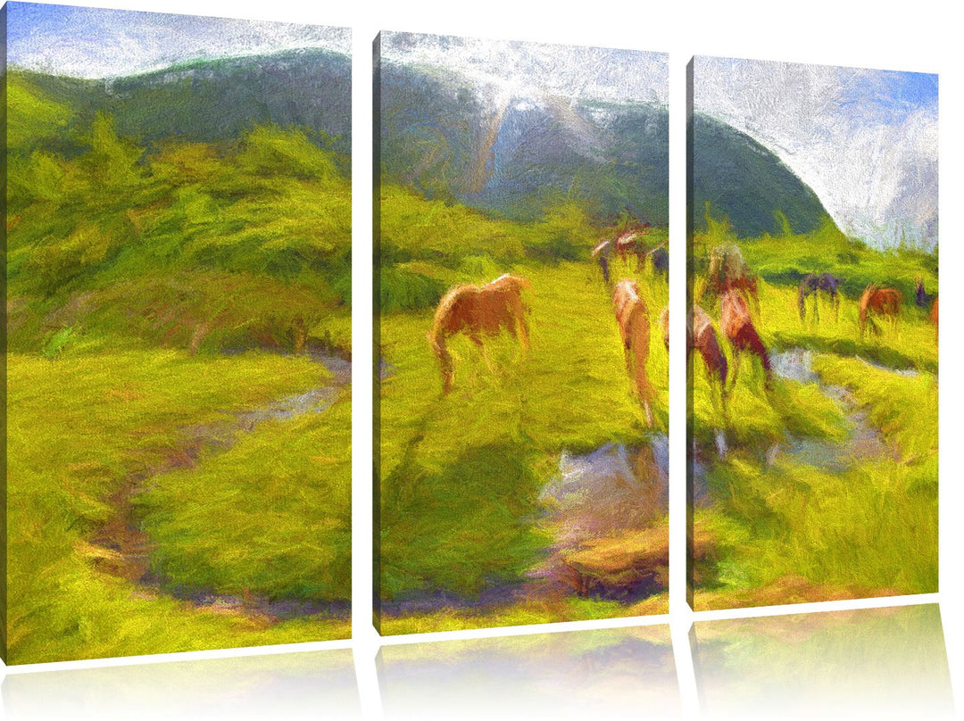 Pixxprint Wildpferde auf Wiese als Leinwandbild/Grösse: 3 Teilig (120x80) cm/Wandbild/Kunstdruck/fer