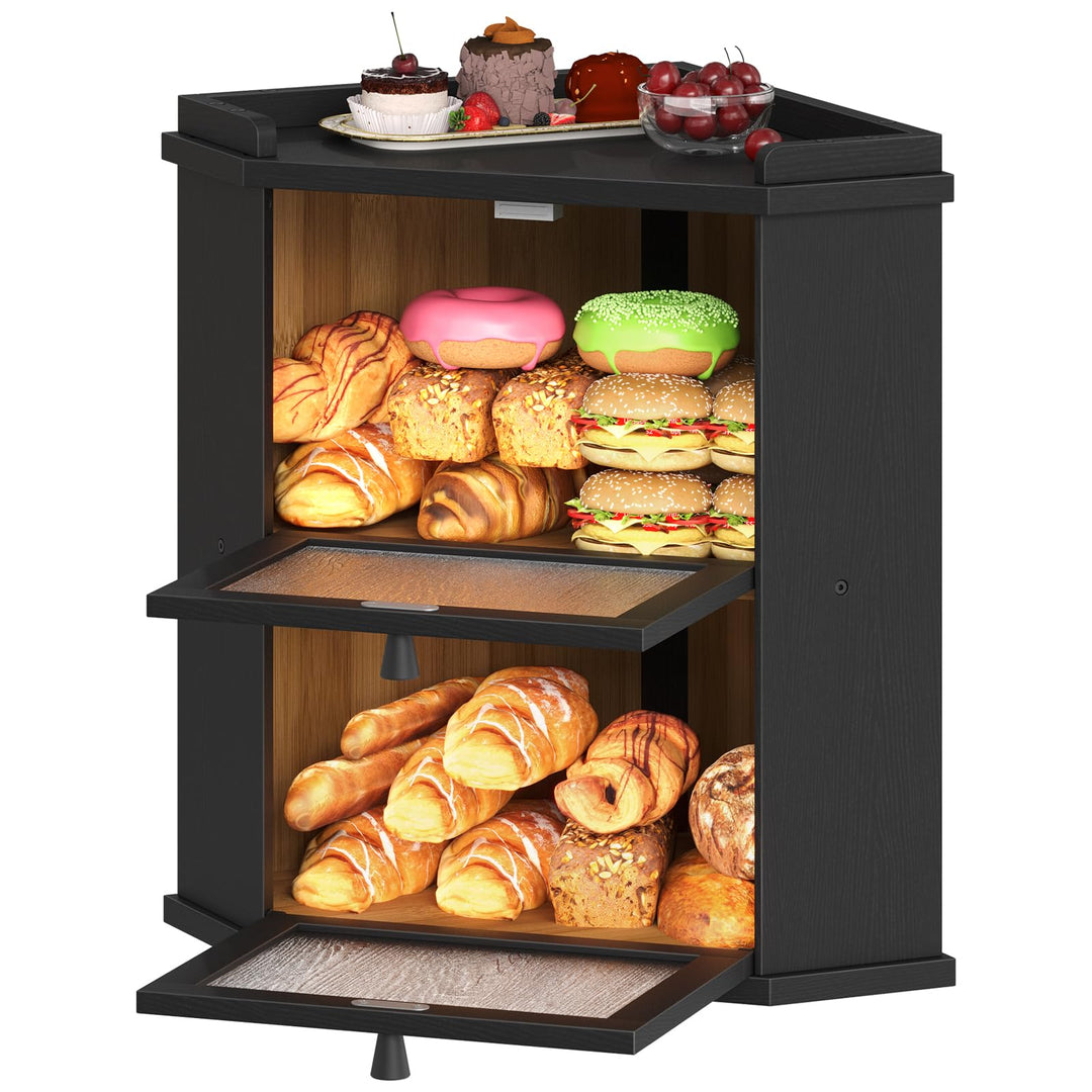 HOOBRO Brotkasten Bambus, 2-lagige Brotkorb mit Oberem Fach, Brotbox, Brotaufbewahrung für Brötchen