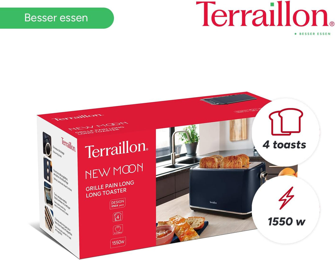 TERRAILLON New Moon langer Toaster, 2 extra grosse Schlitze, 6 Leistungsstufen (1550 W) – Auftauen,