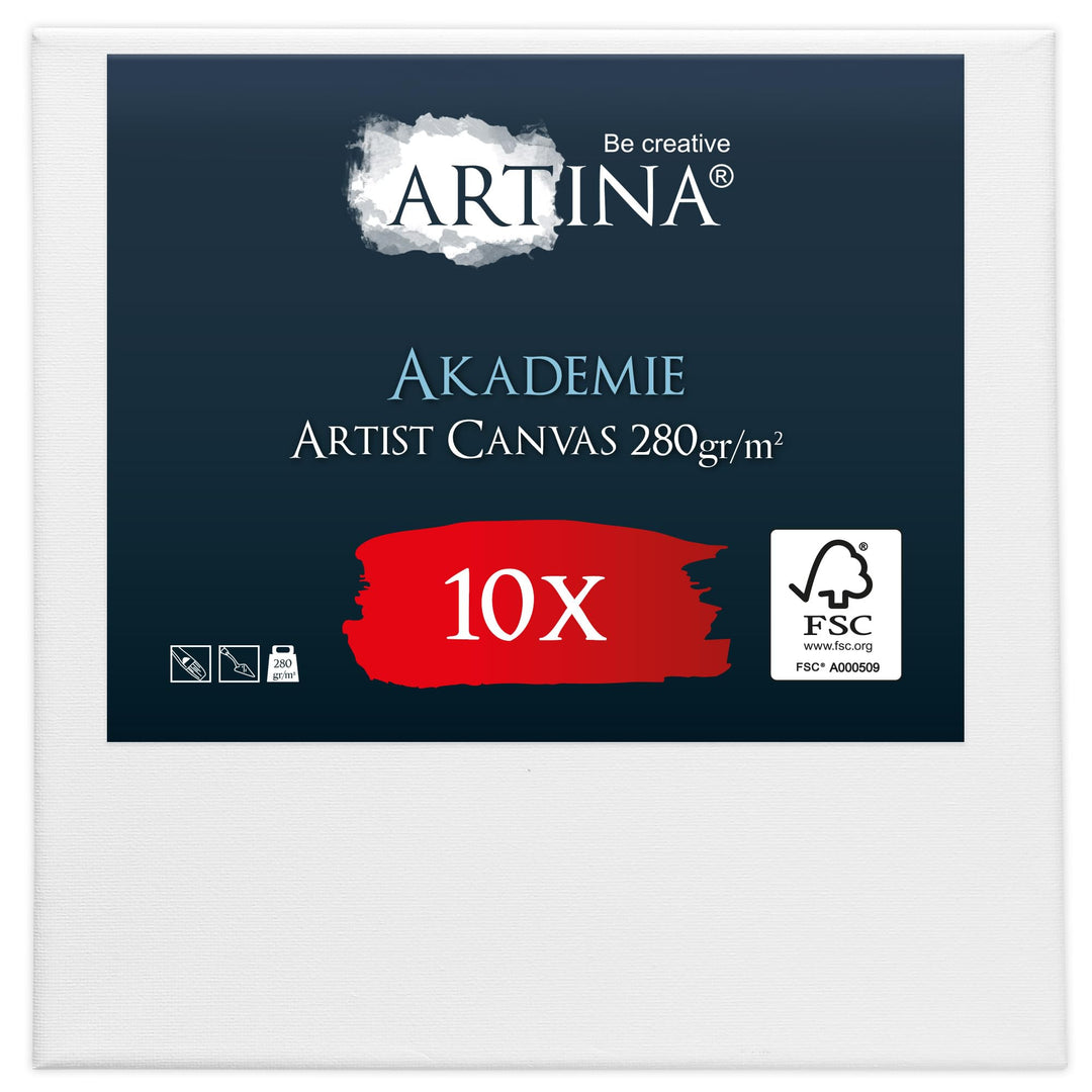 Artina FSC® Keilrahmen 10er Set Akademie 10x10 cm – Leinwand Set Maltuch aus 100% Baumwolle Leinwänd