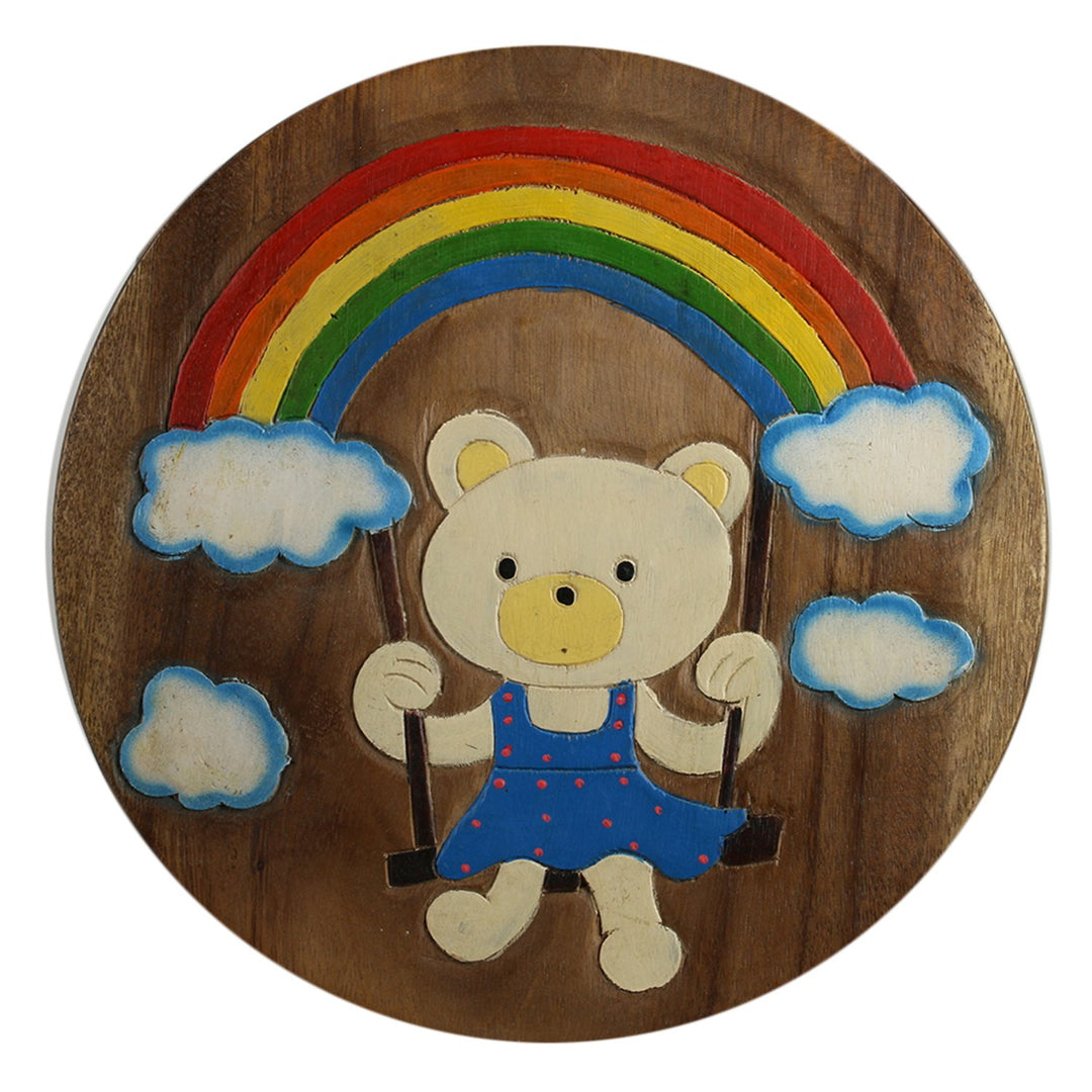 ART-CRAFT KH073 Kinderhocker Holz Schemel mit Motiv Bär bemalt und beschnitzt extra grosse Sitzfläch