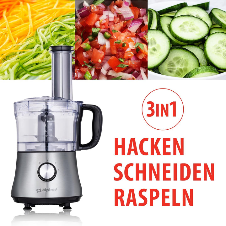 alpina 3-in-1 Küchenmaschine - 1L - 600W - Food Processor - 2 Geschwindigkeiten - Hacken, Schneiden