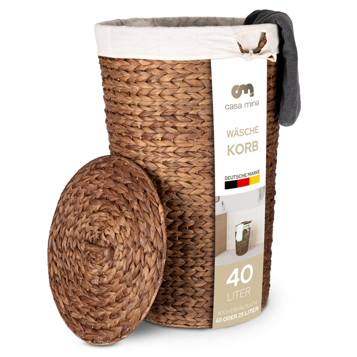 Casa Mina® Wäschesammler mit Deckel D35 x H55cm hoch I Atmungsaktiver Wäschekorb geflochten aus 100%