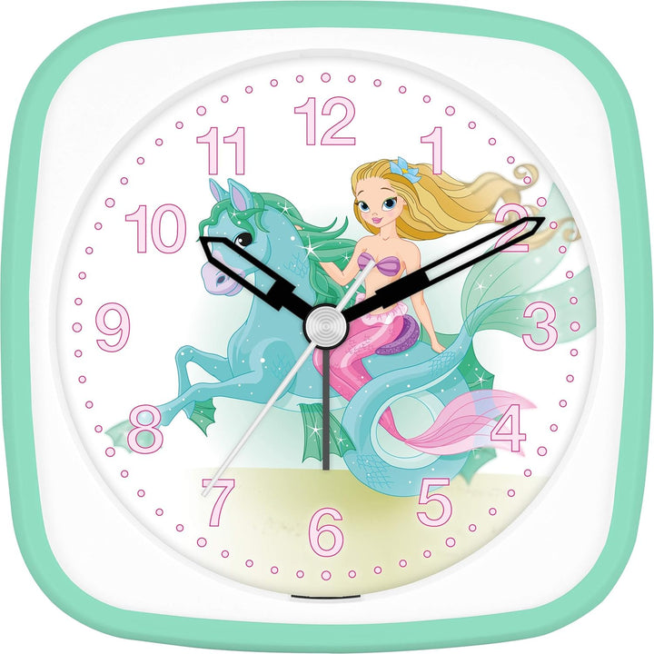 Eurotime Wecker für Mädchen mit Meerjungfrau Pferd, Mint Weiss, Kinderwecker, Kunststoffgehäuse und