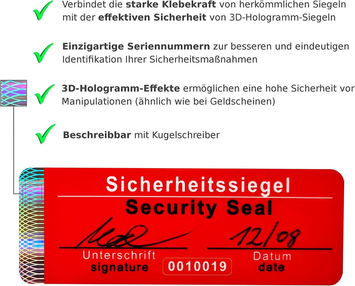 250 Stk - Sicherheits-Siegel mit Seriennummer - 70x25mm rot, beschreibbar - Sicherheitssiegel, Quali