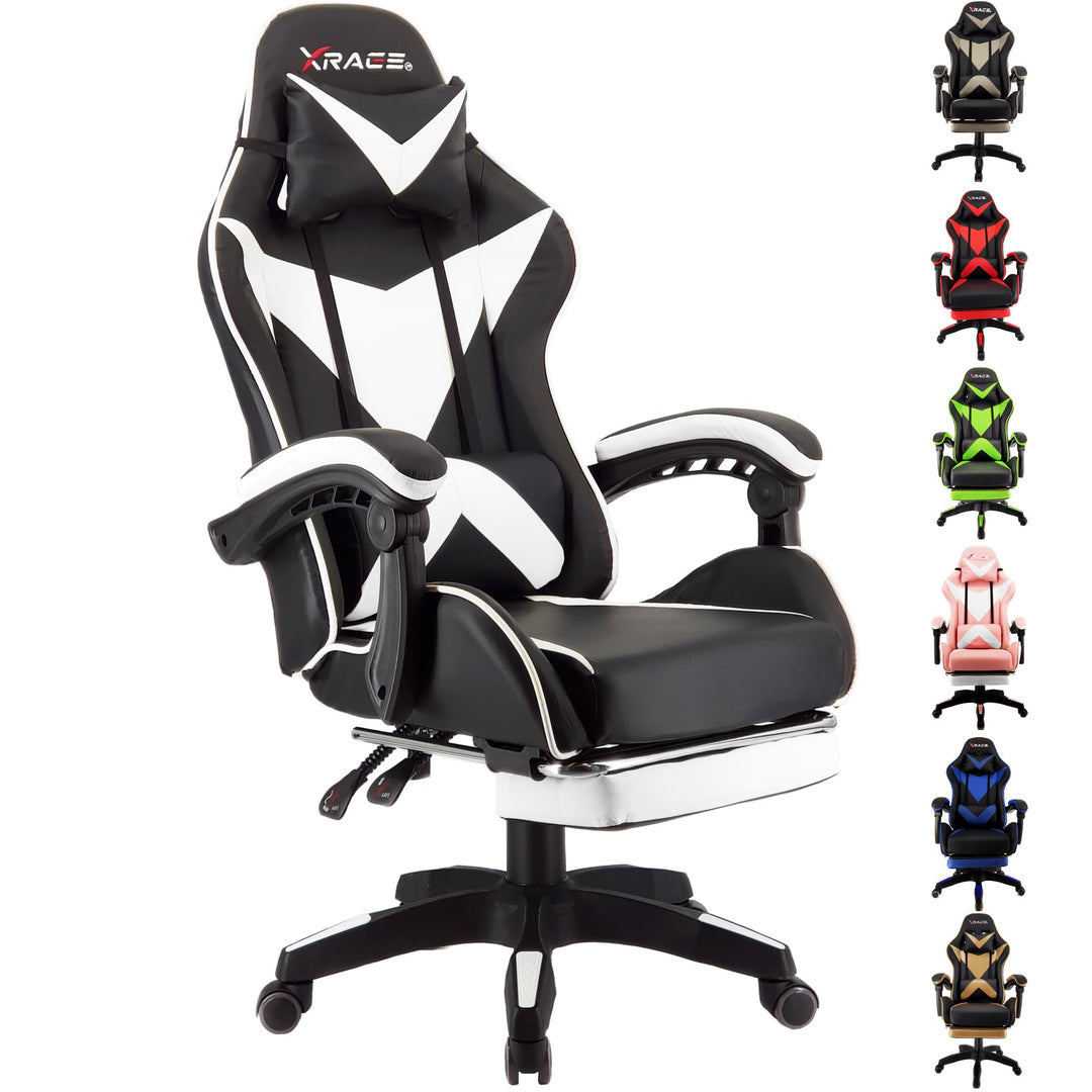 xRace Gaming-Stuhl Hoher Drehstuhl aus Leder mit Lendenwirbelstütze, Kopfstütze und Fussstütze, vers