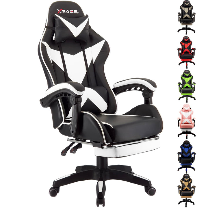 xRace Gaming-Stuhl Hoher Drehstuhl aus Leder mit Lendenwirbelstütze, Kopfstütze und Fussstütze, vers