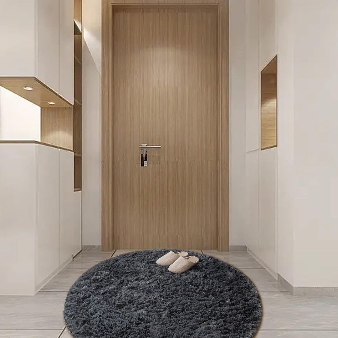 CHOSHOME Teppich Rund 80CM Wohnzimmer Hochflor Waschbar Teppich Shaggy Grau Runden Teppiche Einfarbi