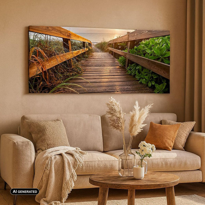 Wandbilder Dekoration Wohnzimmer Fussgängerbrücke Meer Strand Ufer Panorama Bilder auf Leinwand 120x